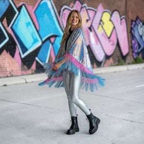 Heavy Weight Sequin Kimono Iridescent White and Pink with Pink and Blue Fringe