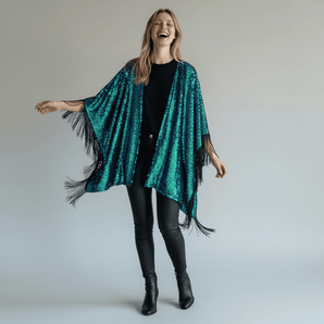 Sequin Kimono Mermaid Green with Black Fringing
