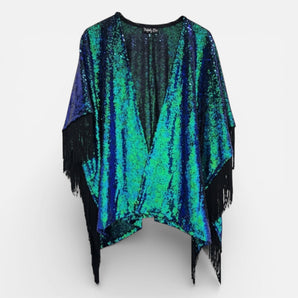 Sequin Kimono Mermaid Green with Black Fringing