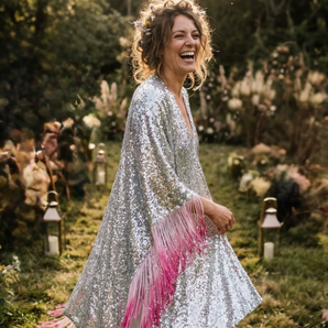 Silver Sequin Kimono with Rainbow Fringe