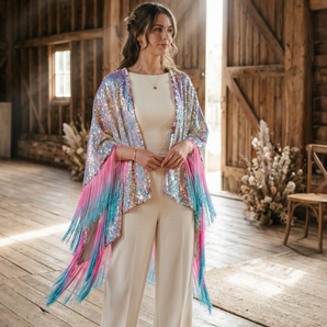 Heavy Weight Sequin Kimono Iridescent White and Pink with Pink and Blue Fringe