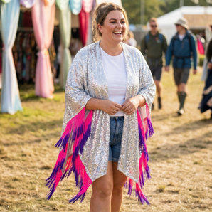 Silver Sequin Kimono with Pink and Purple Tassel Fringe