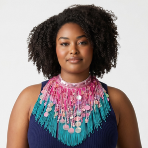 Pink, Turquoise and Silver Sequin and Tassel Choker