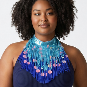 Turquoise and Blue Sequin and Tassel Choker